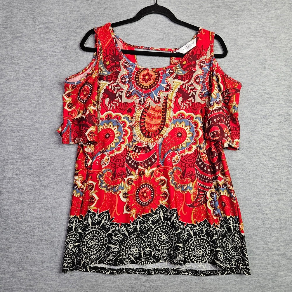 Allison Taylor Women's Cold Shoulder Top Red Paisley Floral Print Size 1X